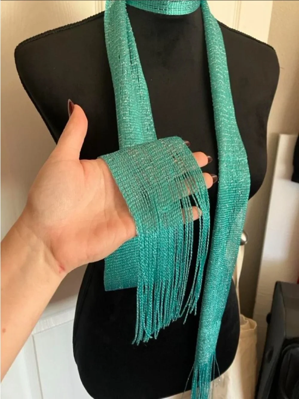 & Other Stories Teal Fringe Knit Scarf Wrap